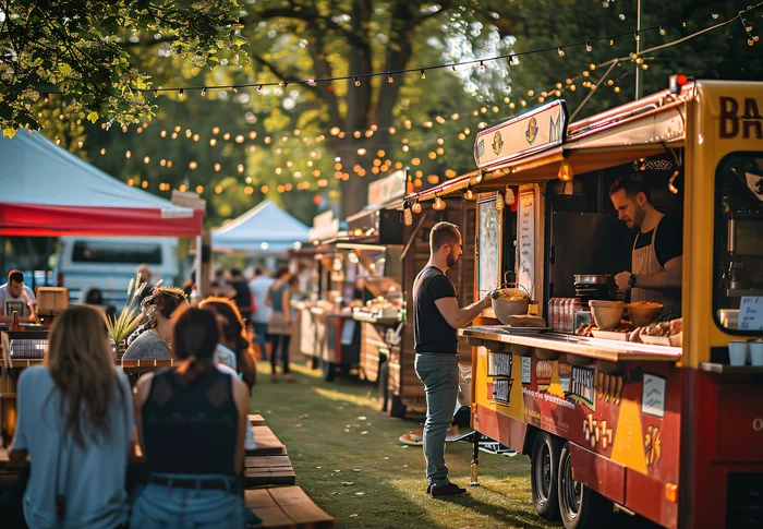 Auf dem Foto ist eine Szene von einem Street-Food-Fest zu sehen. Das Foto ist KI-generiert.