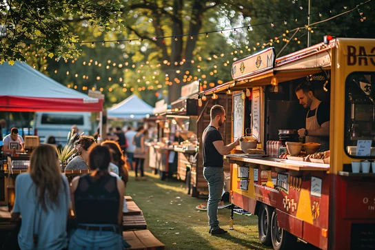 Auf dem Foto ist eine Szene von einem Street-Food-Fest zu sehen. Das Foto ist KI-generiert.